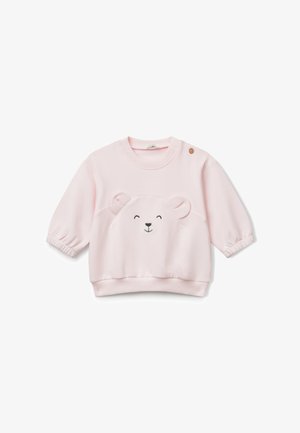 Felpa rosa con un design a forma di faccia d'orso sulla parte anteriore, con maniche elastiche, orlo a coste e un dettaglio a bottone sulla spalla.