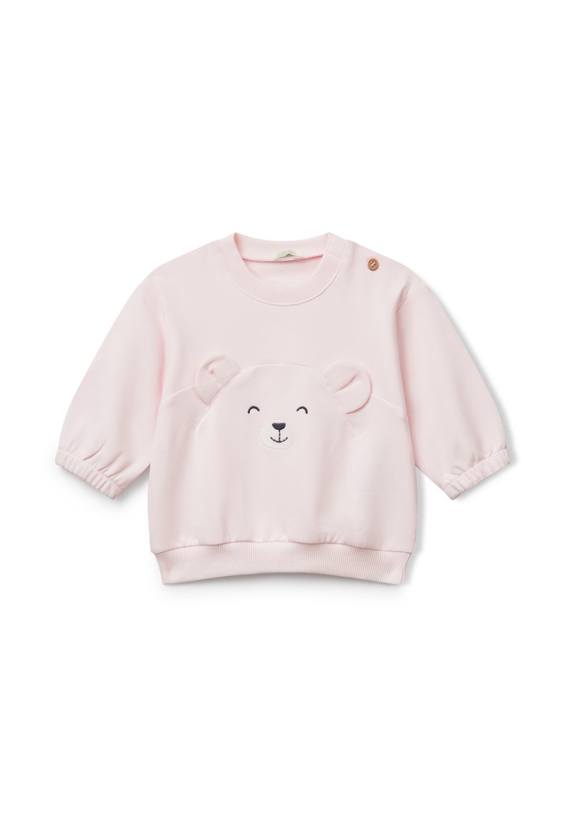 Růžová mikina s designem medvědí tváře na přední straně, s elastickými rukávy, žebrovaným spodním lemem a knoflíkovým detailem na rameni.