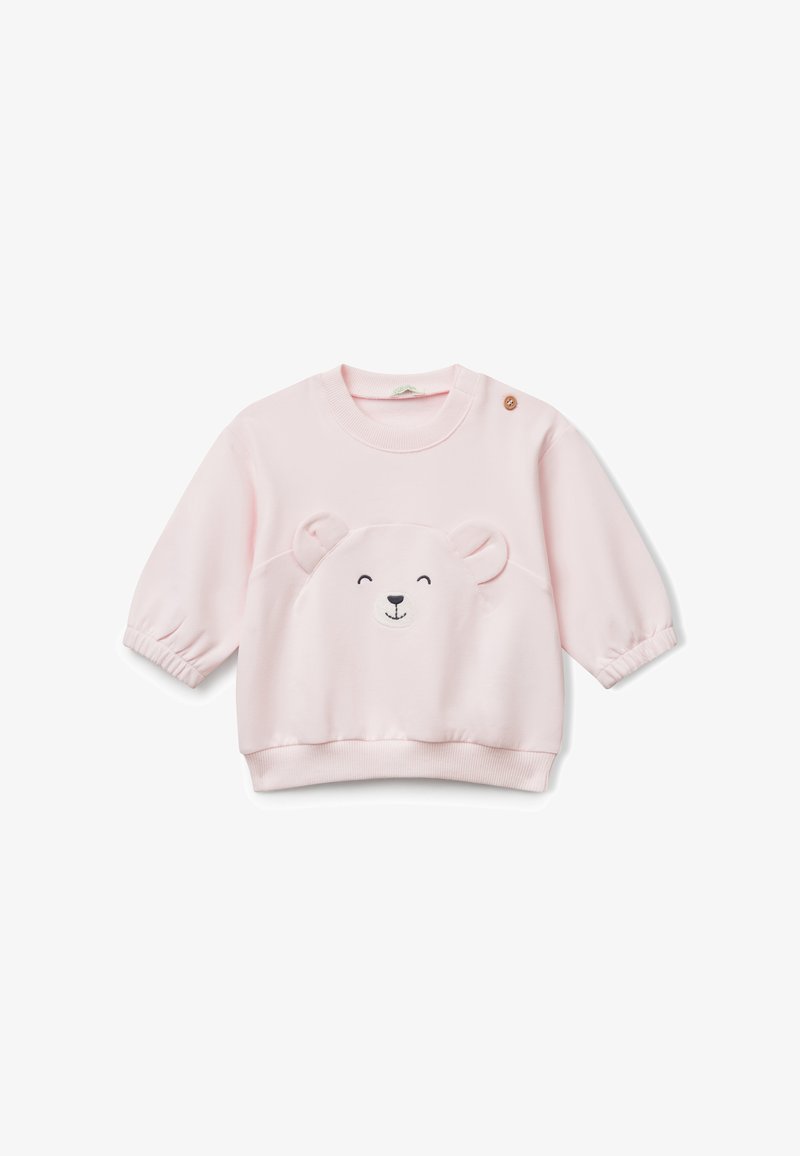 Růžová mikina s designem medvědí tváře na přední straně, s elastickými rukávy, žebrovaným spodním lemem a knoflíkovým detailem na rameni.