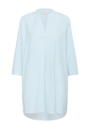 Svetlo modrý a biely pruhovaný tunik s voľným strihom, ktorý má V-výstrih, tromi štvrtinovými rukávmi a zakriveným lemom. Vyrobený z priedušného materiálu.
