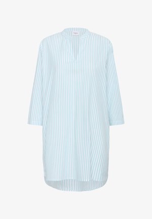 Light blue and white striped tunic with a relaxed fit, featuring a V-neck, three-quarter sleeves, and a curved hem. Made of breathable fabric.