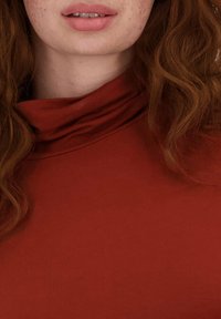 Roestkleurig top met een zachte, gladde textuur en een hoge col-nek. Heeft een aansluitend ontwerp dat zich naar de schouders uitstrekt.