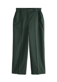 Grüne karierte Hose mit einem elastischen Bund, gerade Beinform und seitlichen Taschen. Hergestellt aus einem strukturierten Stoff mit einem Karomuster.