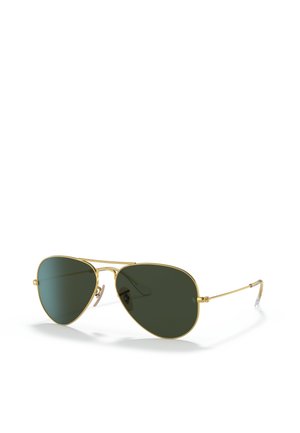 Occhiali da sole aviator in metallo con lenti verdi, montatura dorata e stanghette sottili. Presentano una doppia barra superiore e naselli in plastica per il comfort.