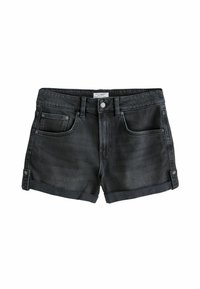Svarta denimshorts med en klassisk passform, fem fickor och uppvikta fållar. Tyget har en slät yta med subtila blekningar.