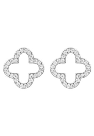 Paar zilveren oorbellen in de vorm van klavertjes vier, elk omrand met kleine ronde witte edelstenen.