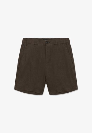 Pruunid vabaaja lühikesed püksid küljetaskutega, nööpidega kinnitatud ja vööaasadega, valgel taustal esitatud.