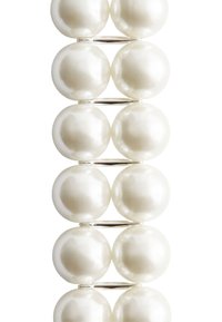 Weißes Perlenarmband aus runden Perlen, die durch kleine Metallverschlüsse verbunden sind, mit einer glatten, glänzenden Oberfläche und einheitlicher Größe.