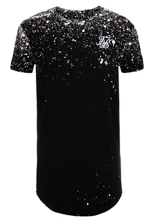 T-shirt noir à manches courtes avec motif éclaboussures de peinture blanches, ourlet arrondi et petit logo blanc brodé sur le côté gauche de la poitrine.