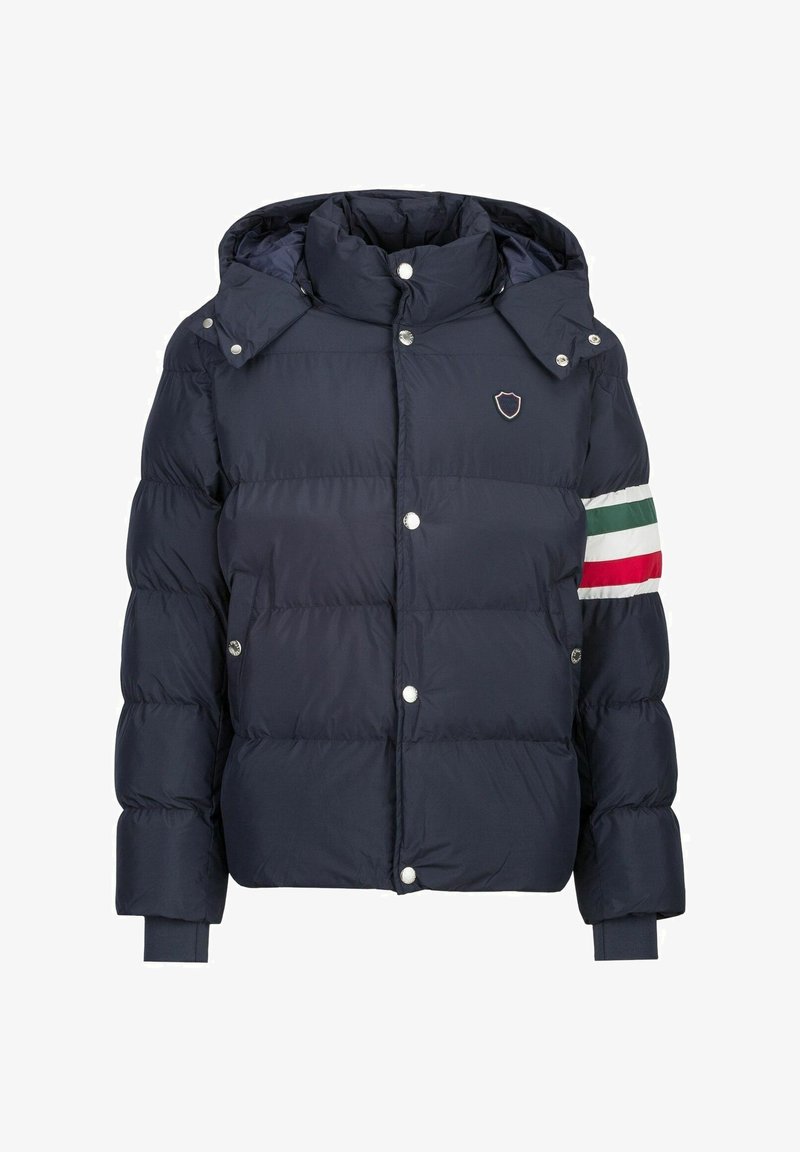 Námořnická prošívaná bunda z nylonu s kapucí, která má emblém, uzavírání na cvoky a barevné pruhy na rukávu.