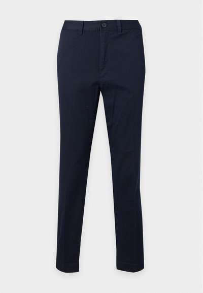 Pantalon bleu marine slim fit avec fermeture à bouton et zip devant, passants pour ceinture et coupe droite.