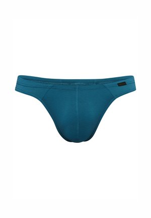 Blauw gestreepte herenbikini met lage tailleband en zwart merkje aan de rechterkant.