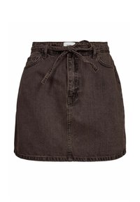 Brauner Denim-Rock mit Bindegürtel, Fünf-Taschen-Design und gerader Silhouette. Verfügt über eine glatte Textur und einen gesteppten Saum.