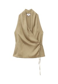 Haut cache-cœur beige sans manches avec fines rayures verticales et fermeture latérale à nouer.