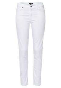 Jean en denim blanc avec une coupe slim, cinq poches et une fermeture à bouton. Comprend des coutures discrètes et des accents en métal argenté.