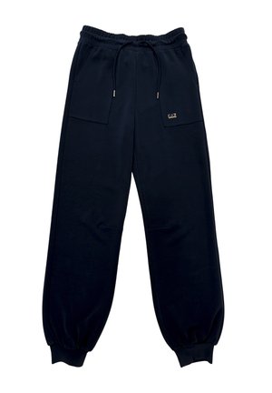 Pantaloni felpati neri con vita elasticizzata, coulisse e orli a coste. Presentano due grandi tasche frontali e un piccolo logo decorativo.