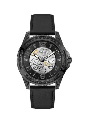 Męski czarny zegarek na skórzanym pasku, okrągła metalowa koperta, skomplikowana srebrna tarcza, czarne akcenty kryształowe oraz duże cyfry.