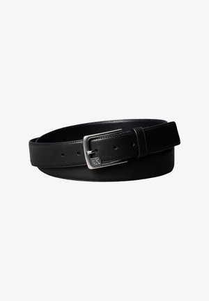 Ceinture en cuir noir avec boucle rectangulaire en argent et petit logo gravé "CK" sur la boucle, roulée en forme circulaire.