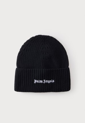 Schwarze gestrickte Mütze mit umgeschlagenem Bund, bestickt mit "Palm Angels" in weißer gotischer Schrift, zentriert auf dem Bund.