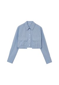 Kurzärmliges blau gestreiftes Hemd aus leichtem Stoff. Verfügt über einen Kragen, Knopfverschluss und zwei Brusttaschen mit Klappen. Lange Ärmel.