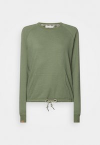 Sudadera verde de mangas largas, con cuello redondo, cordón en el dobladillo y un bolsillo delantero. Fabricada con un tejido suave y de textura lisa.
