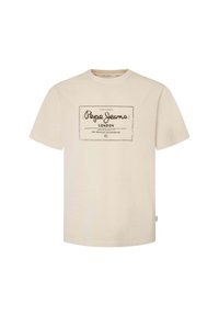 Šviesiai smėlinis medvilninis marškinėliai su juodu "Pepe Jeans London" logotipo grafiku priekyje. Trumpomis rankovėmis ir apvaliu kaklu. Paprastas dizainas.