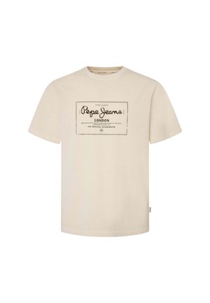 Camiseta de algodón beige con un gráfico del logo negro "Pepe Jeans London" en la parte frontal. Mangas cortas y cuello redondo. Diseño sencillo.