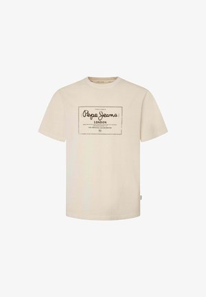 Beige puuvillapaita, jossa on musta "Pepe Jeans London" -logografi etupuolella. Lyhyet hihat ja pyöreä pääntie. Yksinkertainen muotoilu.