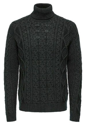 Czarny sweter z golfem i warkoczowym splotem, z teksturowanymi wzorami z przodu, na rękawach oraz z prążkowanymi mankietami i ściągaczem u dołu.