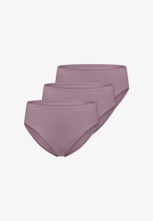 Three mauve-colored cotton briefs stacked, showing full coverage and elastic waistband, displayed on white background.