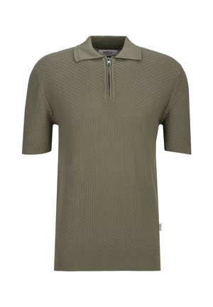 Korte mouwen olijfgroen gestructureerd gebreid poloshirt met ritsbies en geribde zoom en manchetten.