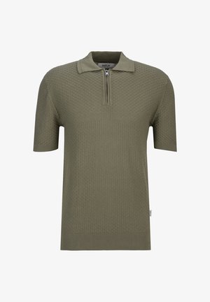 Olivgrünes Poloshirt mit kurzem Arm, strukturierter Strickware, Reißverschlussleiste sowie geripptem Saum und Bündchen.
