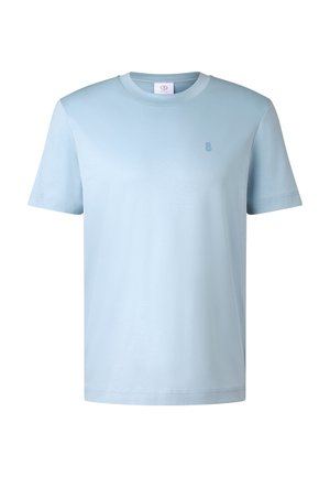 Lichtblauw T-shirt met korte mouwen, voorzien van een ronde hals en een klein, geperst logo op de linkerborst. Gladde stoftextuur.