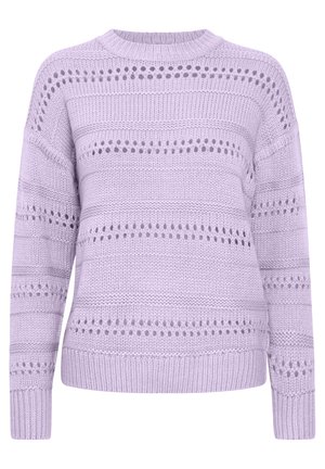Levendula színű kötött pulóver kerek nyakkal, vízszintes csíkokkal és nyitott mintázattal. Az anyag textúrált megjelenésű.
