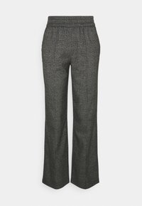 Pantalons larges à carreaux gris avec une taille élastique, fabriqués en tissu texturé, arborant un motif à carreaux sur l'ensemble.