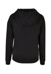 Felpa nera con cappuccio in tessuto strutturato. Presenta una vestibilità comoda, polsini con costine e cappuccio regolabile con cordino. Vista posteriore mostrata.