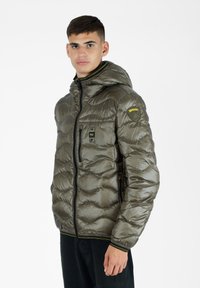 Padded olivgrüne Jacke mit glänzender Oberfläche, gestepptem Design, Reißverschluss vorne, verstellbare Kapuze und Taschen. Mit Logo auf der Schulter.