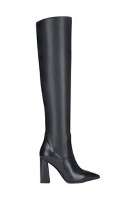 Zwarte leren kniehoogte laars met pointed toe en blokhakken, slank en glad ontwerp, zijprofiel weergave.