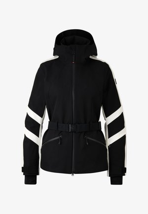 Veste imperméable noire avec des rayures diagonales blanches, ceinture ajustable, col haut, poches zippées et poignets Velcro. Texture lisse.
