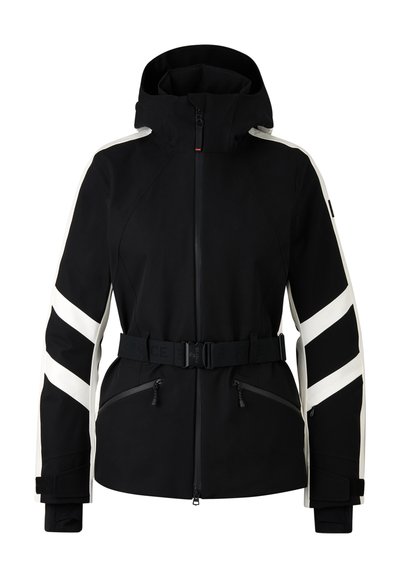 Schwarze wasserdichte Jacke mit weißen diagonalen Streifen, verstellbarem Gürtel, hohem Kragen, Reißverschlusstaschen und Klettverschlussärmeln. Geschmeidige Textur.