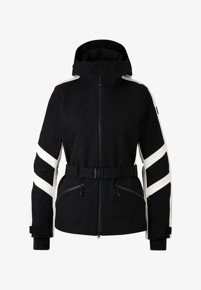 Schwarze wasserdichte Jacke mit weißen diagonalen Streifen, verstellbarem Gürtel, hohem Kragen, Reißverschlusstaschen und Klettverschlussärmeln. Geschmeidige Textur.