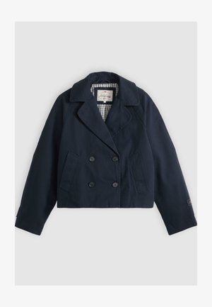 Marineblå cropped dobbeltradet jakke med bred krage, knappelukking, skrå frontlommer og rutete innerfôr.
