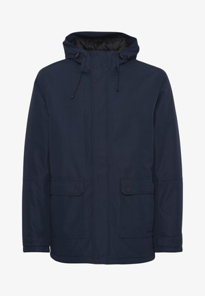Navy blue waterproof jacket with a hood, featuring front snap closures, drawstring, and two front patch pockets. Smooth texture.