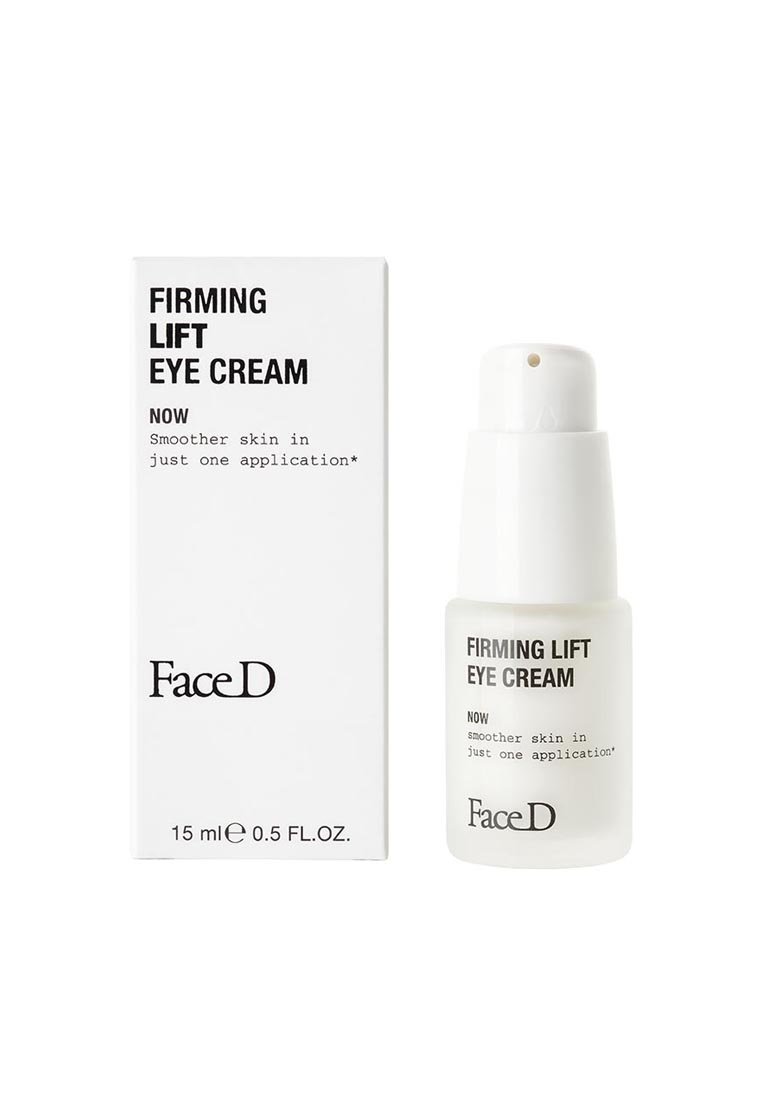 FaceD Firming Lift Eye Cream in a frosted white bottle with a pump. Packaging is a rectangular white box with black text. 15 ml size.