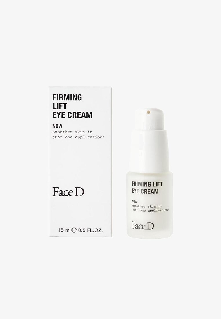 FaceD Firming Lift Eye Cream in a frosted white bottle with a pump. Packaging is a rectangular white box with black text. 15 ml size.