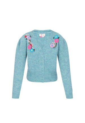 Cardigan tricotat de culoare teal deschis, cu decolteu în V adânc, șase nasturi și broderie florală în roz și albastru pe umeri.