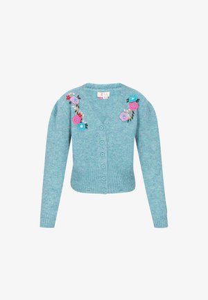 Sweter kardigan w jasnym odcieniu teal, z głębokim dekoltem w kształcie litery V, sześcioma guzikami oraz haftem kwiatowym w odcieniach różu i niebieskiego na ramionach.