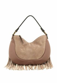 Borsa hobo dalla forma curva, realizzata in pelle marrone liscia, con una parte frontale in suede beige e dettagli in frangia nella parte inferiore. Cinghia nera per la spalla.