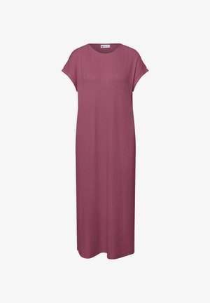 Mauve ribbed knit midi dress with short cuffed sleeves and a round neckline, featuring a straight, relaxed fit.