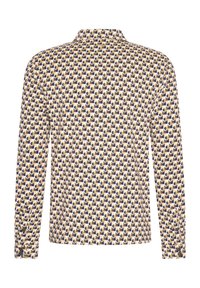 Langsleeve shirt met een herhalend ovaal patroon in marineblauw en crème op een beige achtergrond, met een staande kraag en knoopmanchetten.